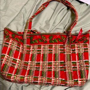 Red and Green Plaid Holiday Tote Bag with Holly Leaf Trim